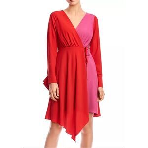 Bailey 44 Women 10 Red Pink Asymmetrical Marilyn Color Block Wrap Midi Dress NEW